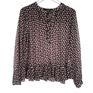 Scotch & Soda Women's Floral Print V-Neck Ruffled Hem Blouse 2 Burgundy Sheer